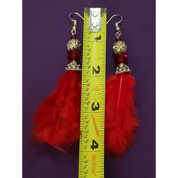 Long Red Feather Dangle Earrings Clear Rhinestone Crystal Ball Silver Tone - Picture 5 of 6
